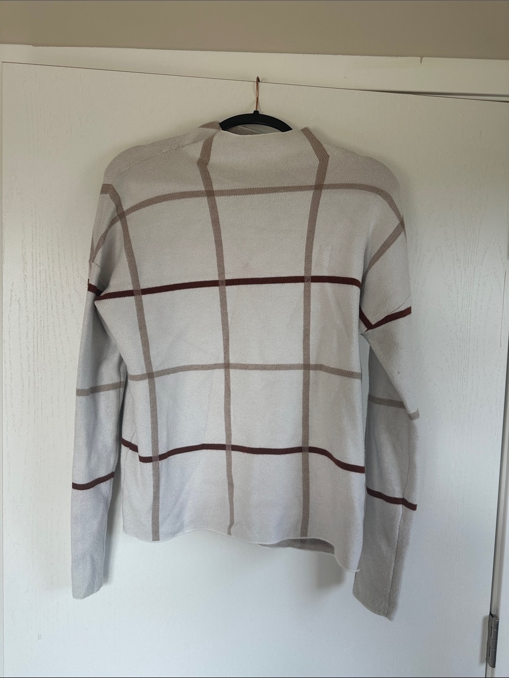 Tahari Cream Plaid Cowl Neck Sweater with Brown & Maroon Windowpane